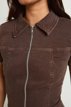 boohoo Robe En Jean À Manches Courtes Et Fermeture Zippée Devant<Femme Denim|Denim
