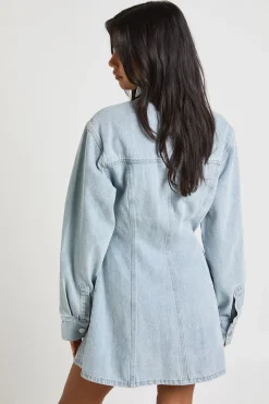 Robe en Jean à Manches Longues avec Taille Cintrée
