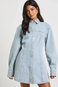 Robe en Jean à Manches Longues avec Taille Cintrée