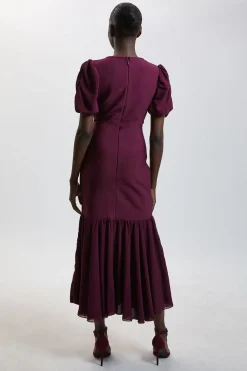 Robe En Maille Bandage Ajustée À Manches En Mousseline