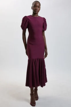 Robe En Maille Bandage Ajustée À Manches En Mousseline