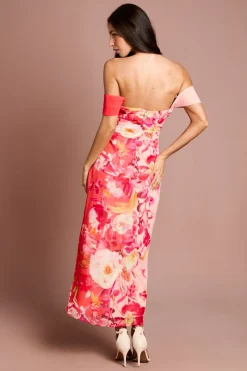 Robe En Mousseline Drapée À Imprimé Fleuri Et Épaules Dénudées