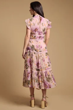 Robe En Mousseline Imprimée Florale Avec Insertion De Dentelle