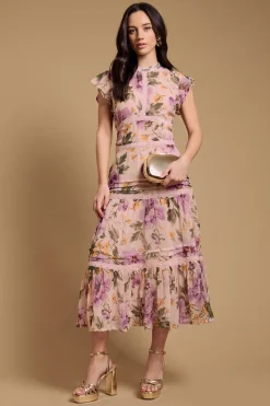 Oasis Robe en Mousseline à Imprimé Floral avec Inserts en Dentelle<Femme Robes Mi-Longues|Satin Et Dentelle