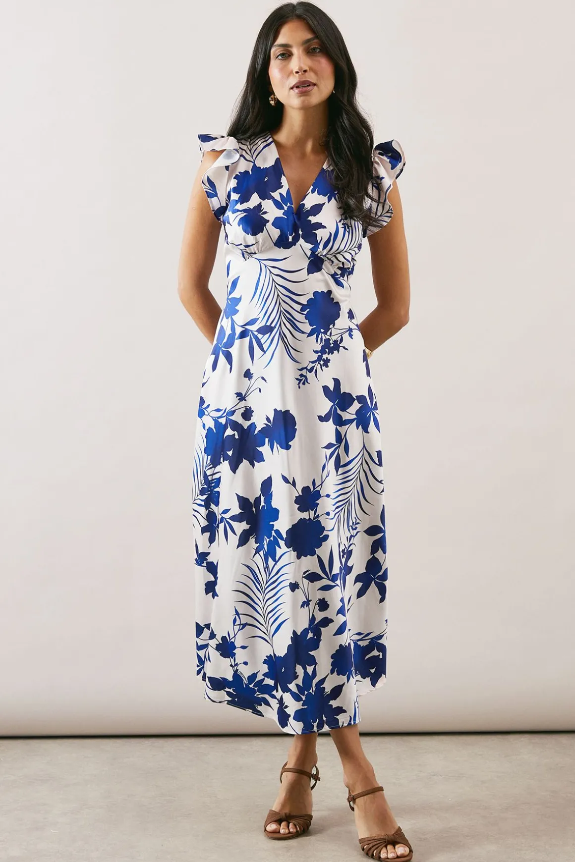 Robe en Satin à Col V Coupe Biais Imprimé Floral