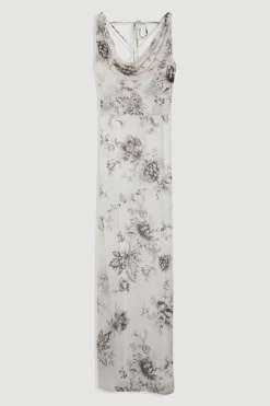 Robe en viscose georgette transparente à imprimé floral esquissé, décolleté en V profond, encolure halter, tissée.