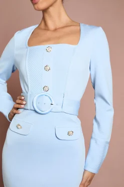 Robe Fourreau Bandage Ceinturée À Manches Longues Et Encolure Carrée Lisa Tan