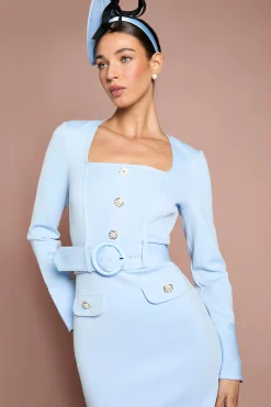 Robe Fourreau Bandage Ceinturée À Manches Longues Et Encolure Carrée Lisa Tan