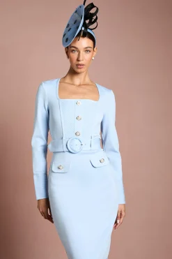 Robe Fourreau Bandage Ceinturée À Manches Longues Et Encolure Carrée Lisa Tan
