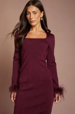 Robe Fourreau Midi Bandage À Manches Longues Avec Ourlet En Plumes