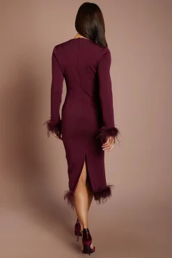 Robe Fourreau Midi Bandage À Manches Longues Avec Ourlet En Plumes