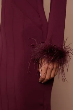 Robe Fourreau Midi Bandage À Manches Longues Avec Ourlet En Plumes