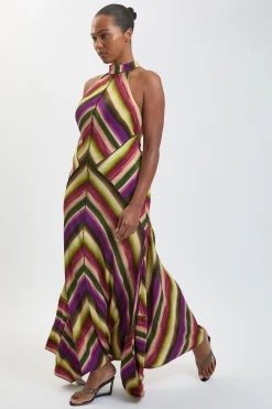 KarenMillen Robe Grande Taille Col Licou Tissée En Mélange De Coton À Rayures Fluides Multicolores<Femme Toutes Les Robes|Robes