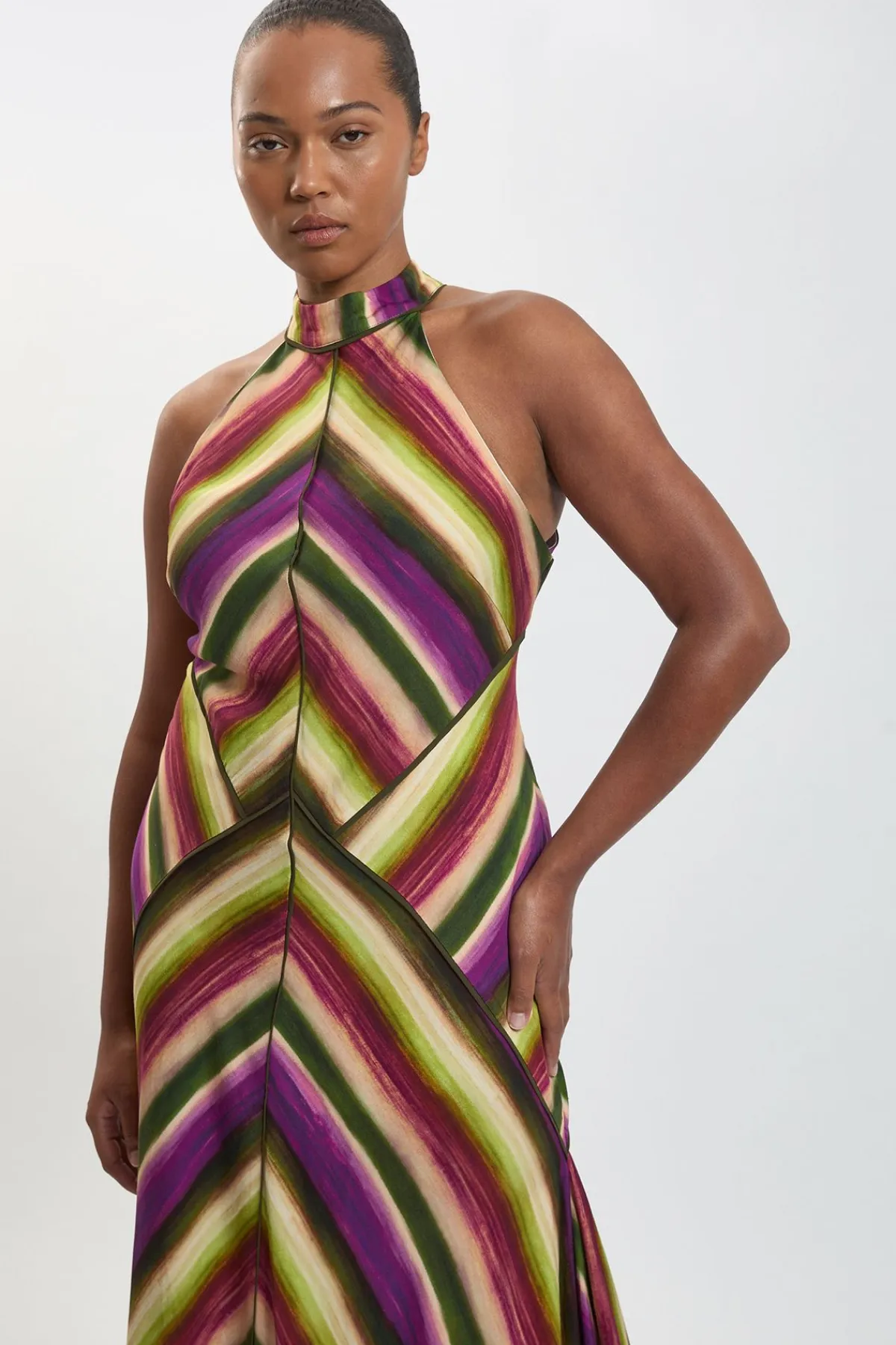 KarenMillen Robe Grande Taille Col Licou Tissée En Mélange De Coton À Rayures Fluides Multicolores<Femme Toutes Les Robes|Robes