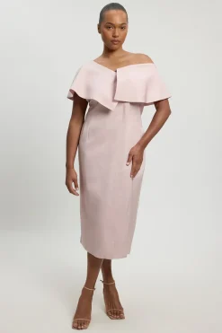 Robe Grande Taille Mi-longue Crayon Ajustée En Mélange De Lin Poli Avec Détail De Pli Asymétrique