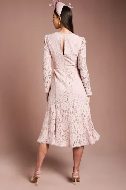 Robe Lisa Tan en Dentelle à Jupe Évasée avec Godets en Georgette