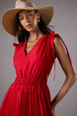 Robe Lisa Tan à Épaules Nouées et Jupe Plissée en Coton