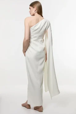 Robe Longue Ajustée Drapée En Satin À Une Épaule Petite