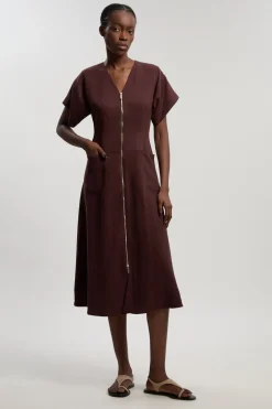 KarenMillen Robe Longue Ajustée En Mélange Tencel À Col V Avec Détail Zippé<Femme Robes|Robes Longues