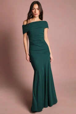 Robe Longue Ajustée Et Évasée À Épaule Dénudée Plissée