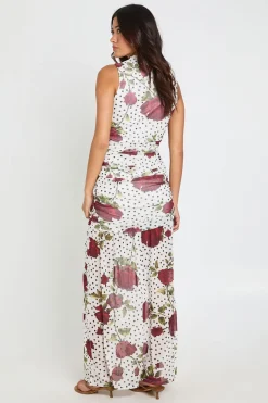 Robe Longue Ajustée À Pois Et Motif Floral