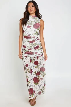 Robe Longue Ajustée À Pois Et Motif Floral
