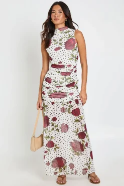 Robe Longue Ajustée À Pois Et Motif Floral