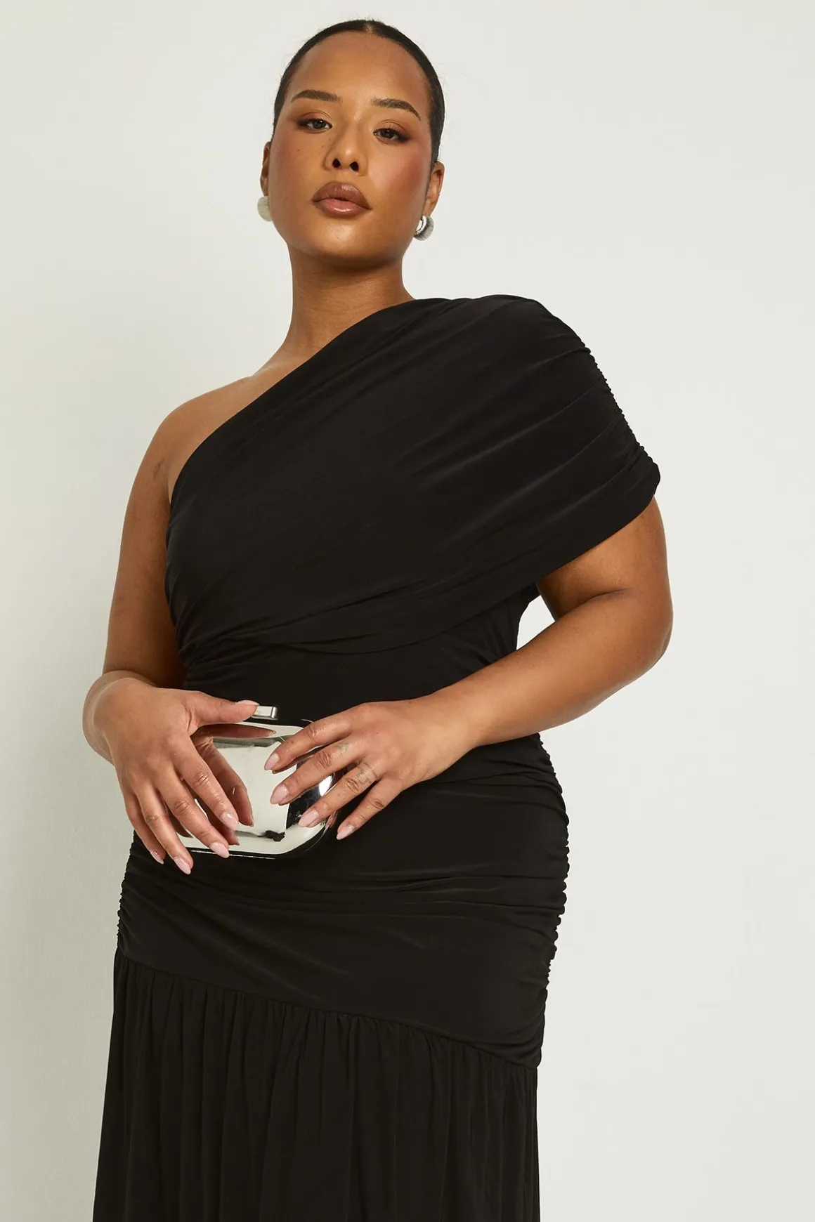 Robe Longue Asymétrique Bardot Froncée Grande Taille