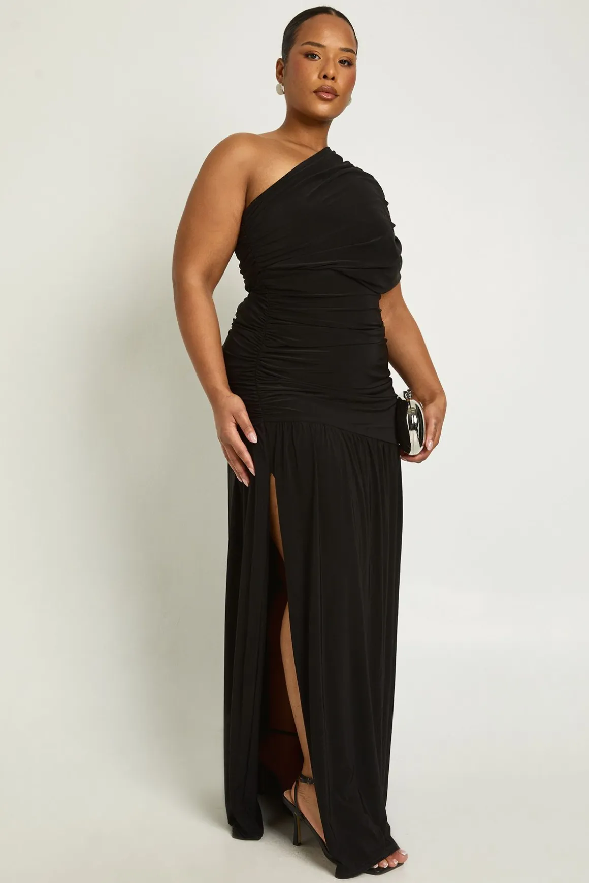 Robe Longue Asymétrique Bardot Froncée Grande Taille
