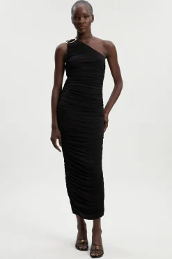 Robe Longue Asymétrique Drapée en Crêpe avec Détails Froncés