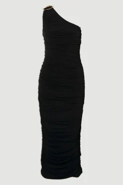 Robe Longue Asymétrique Drapée en Crêpe avec Détails Froncés