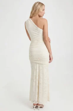Robe Longue Asymétrique À Encolure Drapée Et Motif Floral Dévoré