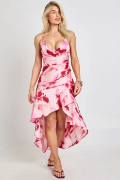 Robe Longue Asymétrique En Satin Imprimé
