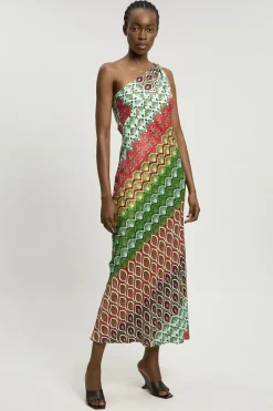 Robe Longue Asymétrique À Une Épaule En Viscose Satinée À Imprimé Multiple