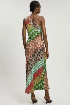 Robe Longue Asymétrique À Une Épaule En Viscose Satinée À Imprimé Multiple
