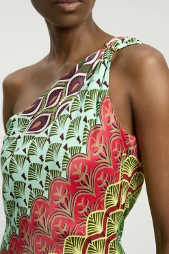 Robe Longue Asymétrique À Une Épaule En Viscose Satinée À Imprimé Multiple
