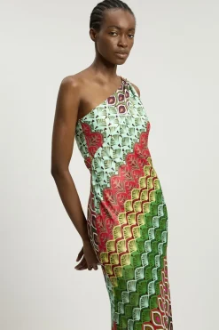 Robe Longue Asymétrique À Une Épaule En Viscose Satinée À Imprimé Multiple