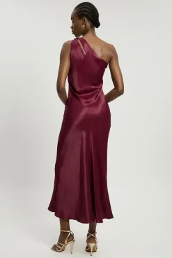 Robe Longue Asymétrique À Une Épaule En Viscose Satinée Avec Détail Torsadé
