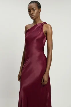 Robe Longue Asymétrique À Une Épaule En Viscose Satinée Avec Détail Torsadé