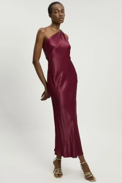 Robe Longue Asymétrique À Une Épaule En Viscose Satinée Avec Détail Torsadé