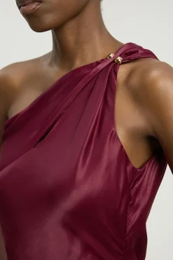 Robe Longue Asymétrique À Une Épaule En Viscose Satinée Avec Détail Torsadé
