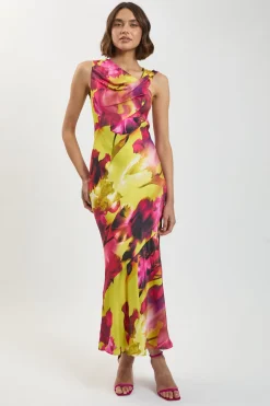 KarenMillen Robe Longue Asymétrique À Une Épaule En Satin De Viscose À Imprimé Floral<Femme Satin Et Dentelle|Robes