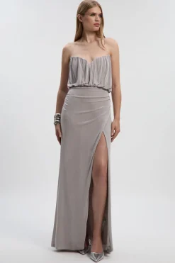 Robe Longue Bandeau Fendue en Crêpe Fluide Petite Taille