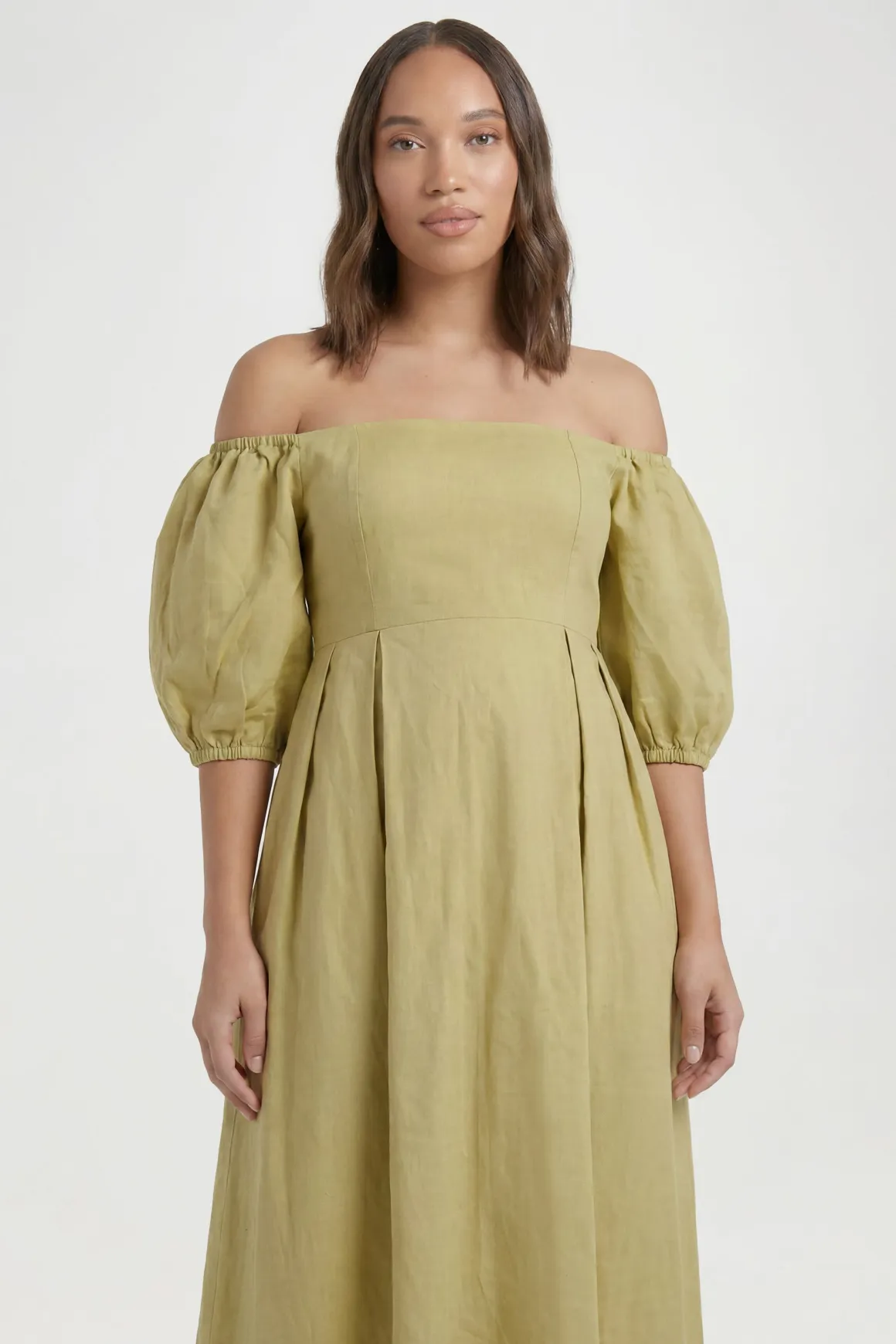 Robe Longue Bardot En Lin À Manches Bouffantes De Maternité