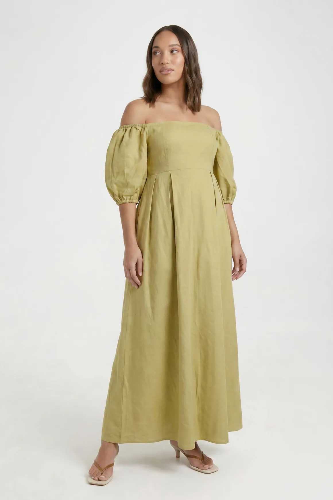 Robe Longue Bardot En Lin À Manches Bouffantes De Maternité