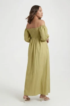 Robe Longue Bardot En Lin À Manches Bouffantes De Maternité