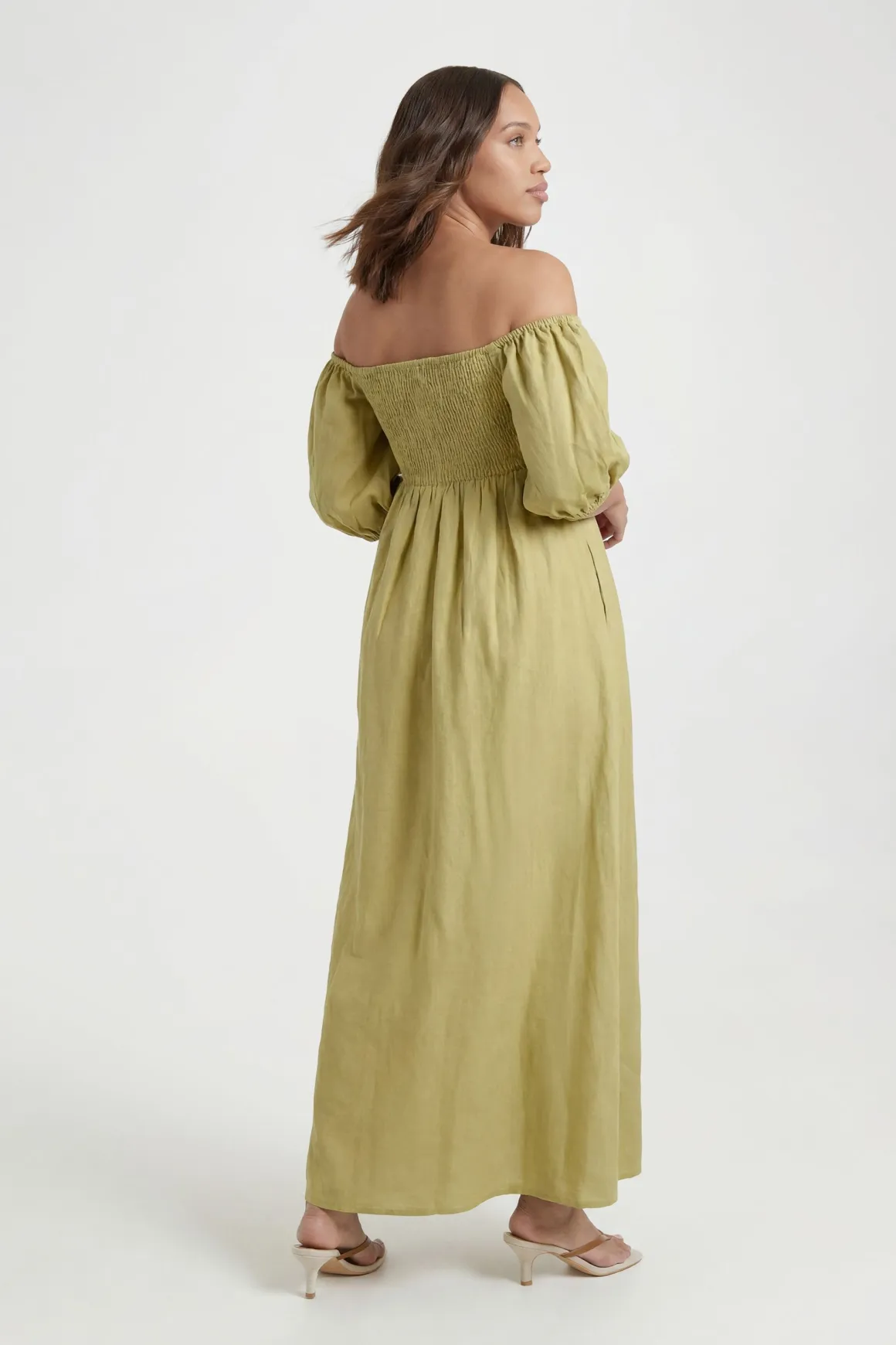 Robe Longue Bardot En Lin À Manches Bouffantes De Maternité