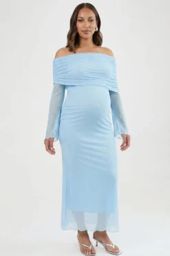 boohoo Robe Longue Bardot En Mesh De Maternité<Femme Robes Demoiselles D'Honneur|Robes À Manches Longues