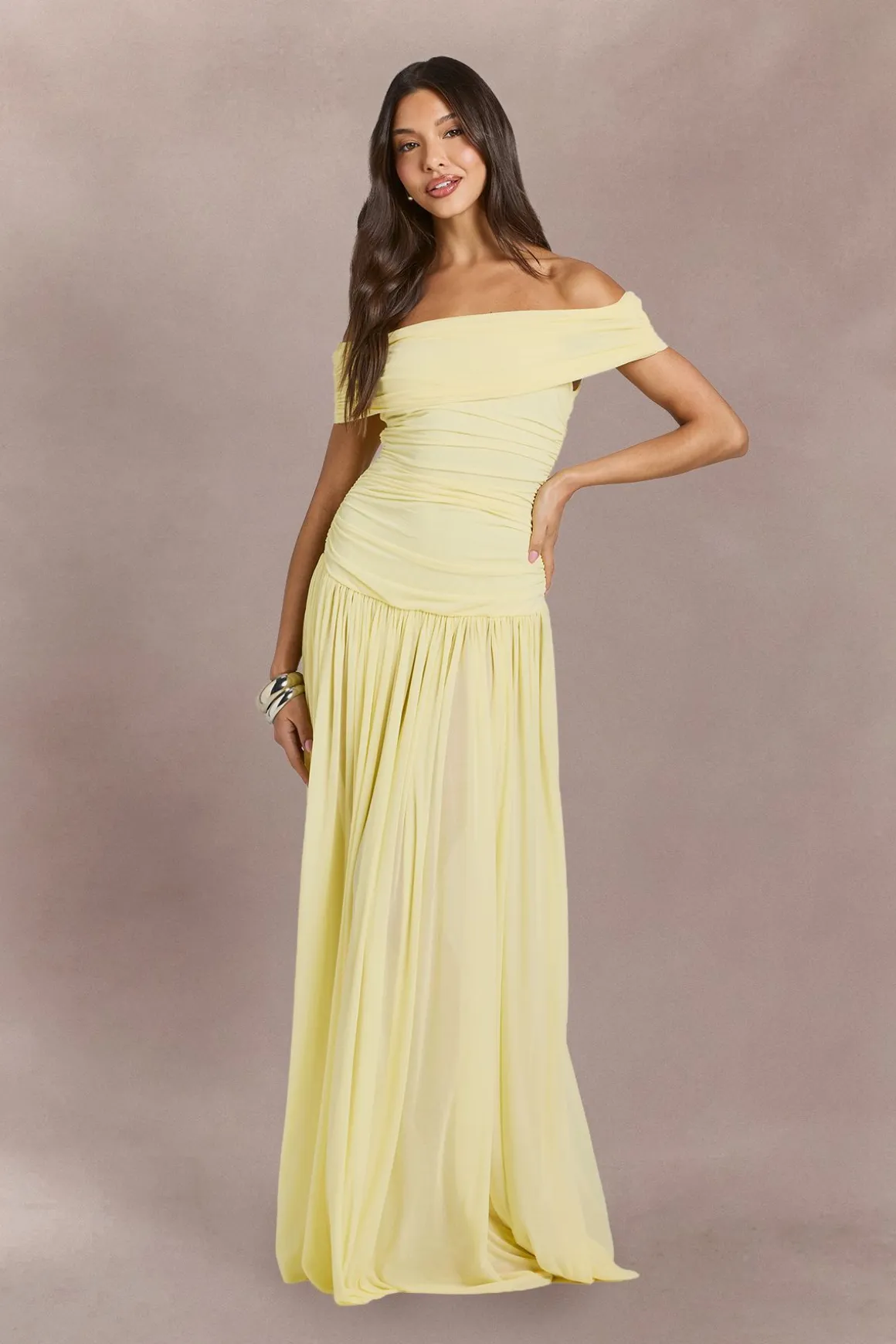 Robe Longue Bardot En Mousseline Stretch