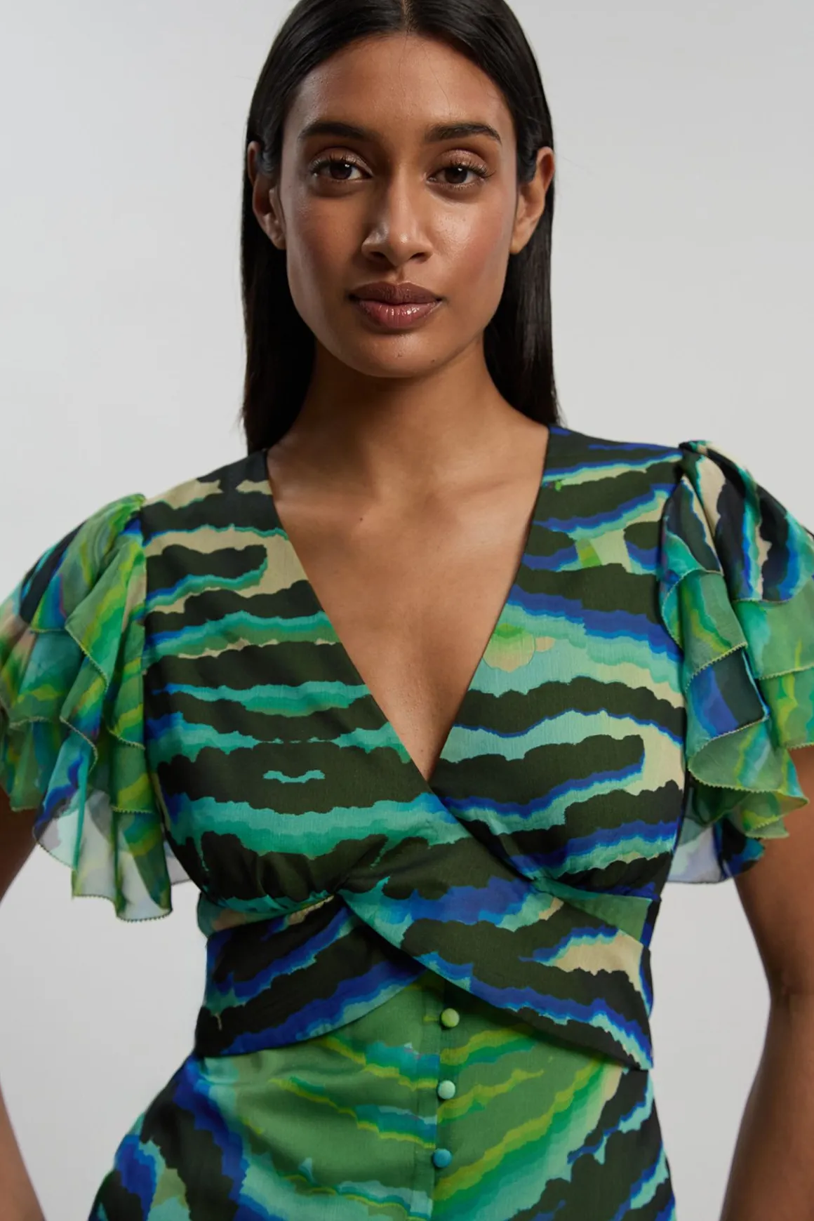 Robe Longue Boutonnée À Manches Volantées Imprimé Animal